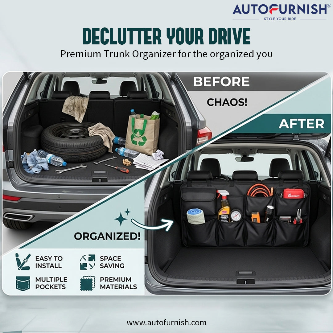 AutoFurnish Car Trunk/Boot/Dicky Organizer | All Cars Universal | Collapsible Mesh Net | Multi-Pocket Storage for Tools/Bottles/Clothes/Toys/Documents | For SUV/MUV/Hatchback | Adjustable Buckle | Car Accessories Interior