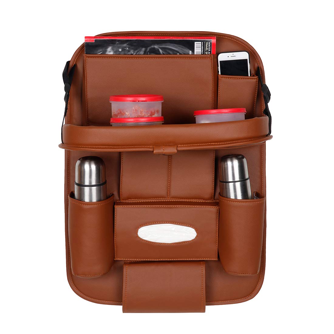 3D PREMIUM Car Seat Organizer | PU Leather with Folding Meal Tray and 10 Pockets - Tissues, Bottles, Phones, iPad Mini, Documents, Umbrella