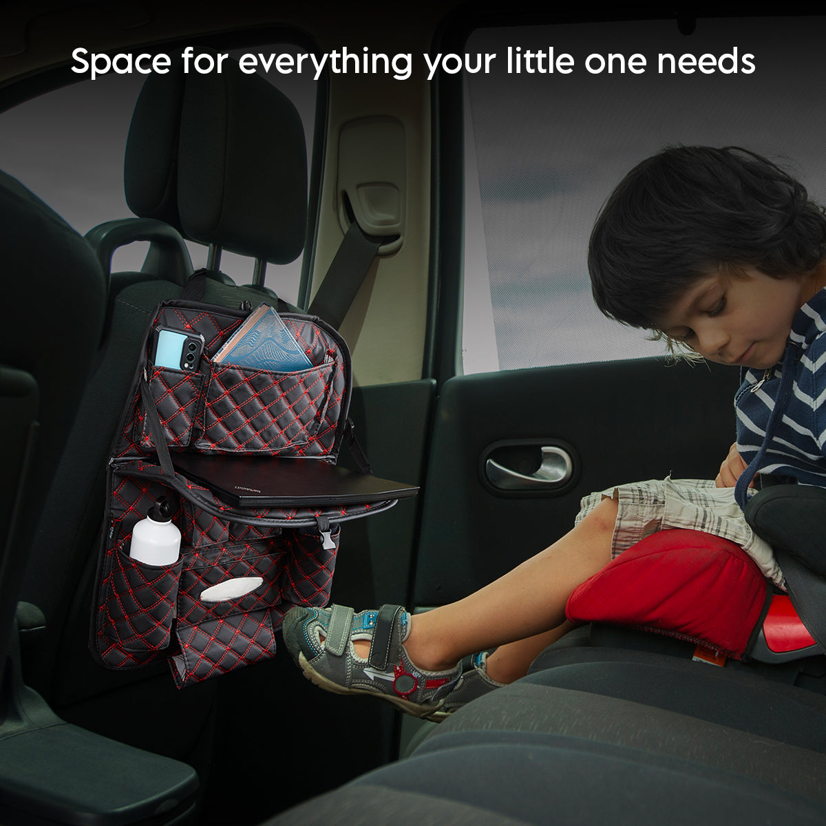 7D PREMIUM Car Seat Organizer | PU Leather with Folding Meal Tray and 10 Pockets - Tissues, Bottles, Phones, iPad Mini, Documents, Umbrella - Autofurnish