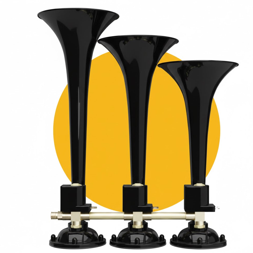 Basuri Three Trumpet Horn – Triple Tone Air Horn 20 Tones, 12V/24V (BHA003)