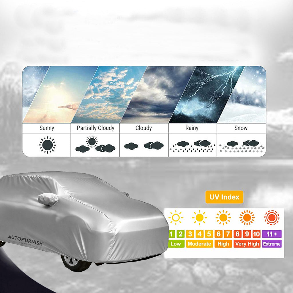 Datsun Redi Go 2016-20 Car Body Cover, Heat & Water Resistant, Dustproof with Mirror Pockets (PREMIUM SILVER)