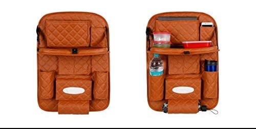 7D PREMIUM Car Seat Organizer | PU Leather with Folding Meal Tray and 10 Pockets - Tissues, Bottles, Phones, iPad Mini, Documents, Umbrella (Set of 2)