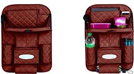 7D PREMIUM Car Seat Organizer | PU Leather with Folding Meal Tray and 10 Pockets - Tissues, Bottles, Phones, iPad Mini, Documents, Umbrella (Set of 2)