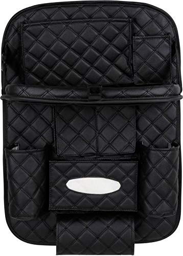 7D PREMIUM Car Seat Organizer | PU Leather with Folding Meal Tray and 10 Pockets - Tissues, Bottles, Phones, iPad Mini, Documents, Umbrella (Set of 2)