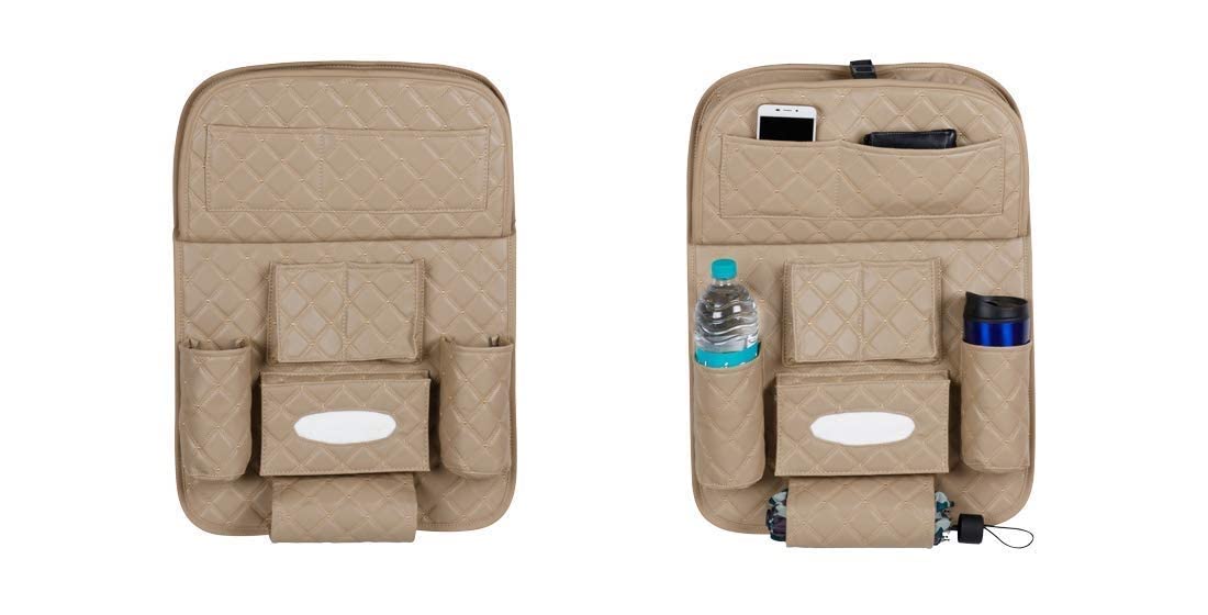 7D PREMIUM Car Seat Organizer | PU Leather with Folding Meal Tray and 10 Pockets - Tissues, Bottles, Phones, iPad Mini, Documents, Umbrella (Set of 2)