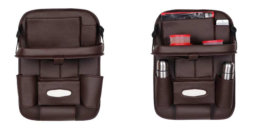 3D PREMIUM Car Seat Organizer | PU Leather with Folding Meal Tray and 10 Pockets - Tissues, Bottles, Phones, iPad Mini, Documents, Umbrella (Set of 2)