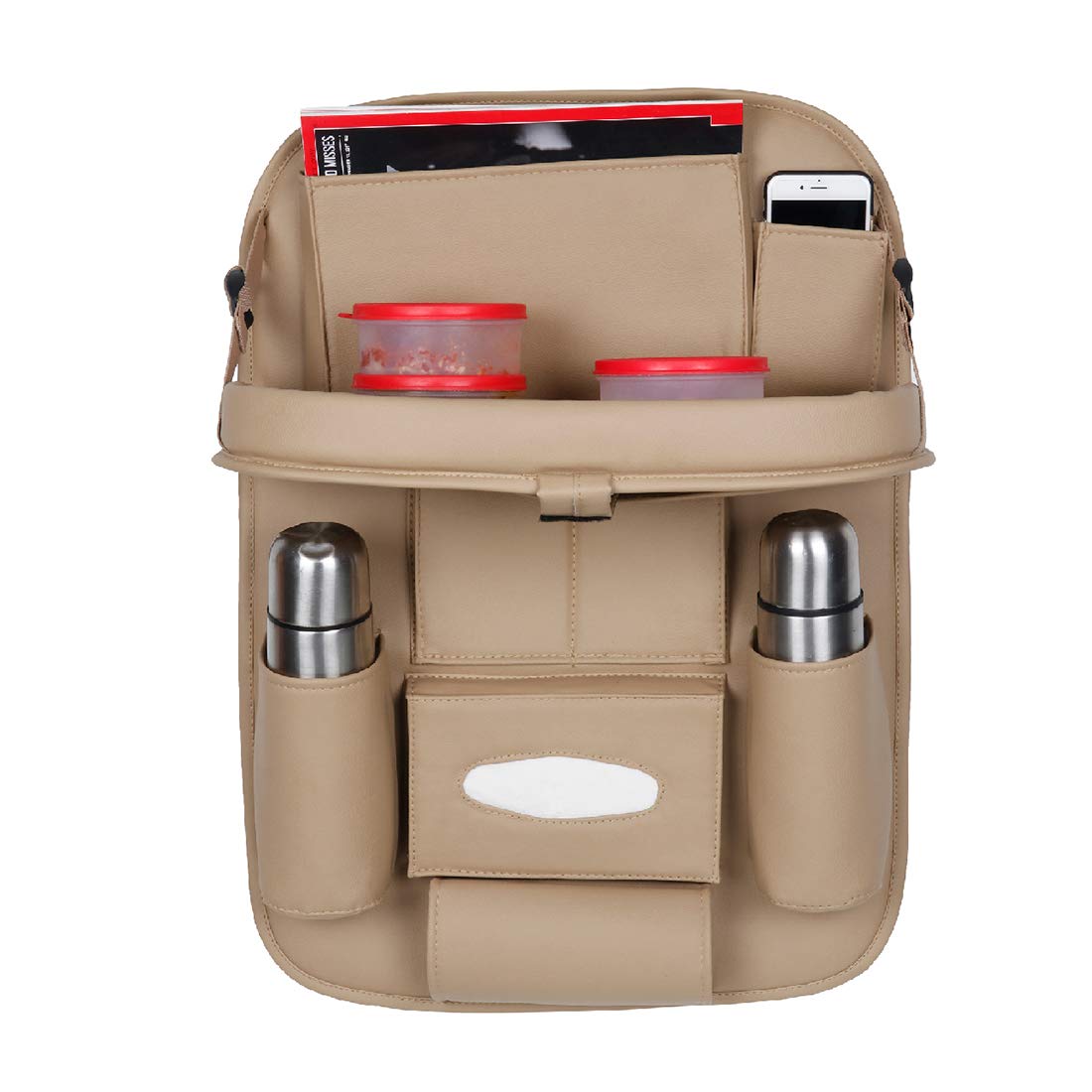 3D PREMIUM Car Seat Organizer | PU Leather with Folding Meal Tray and 10 Pockets - Tissues, Bottles, Phones, iPad Mini, Documents, Umbrella