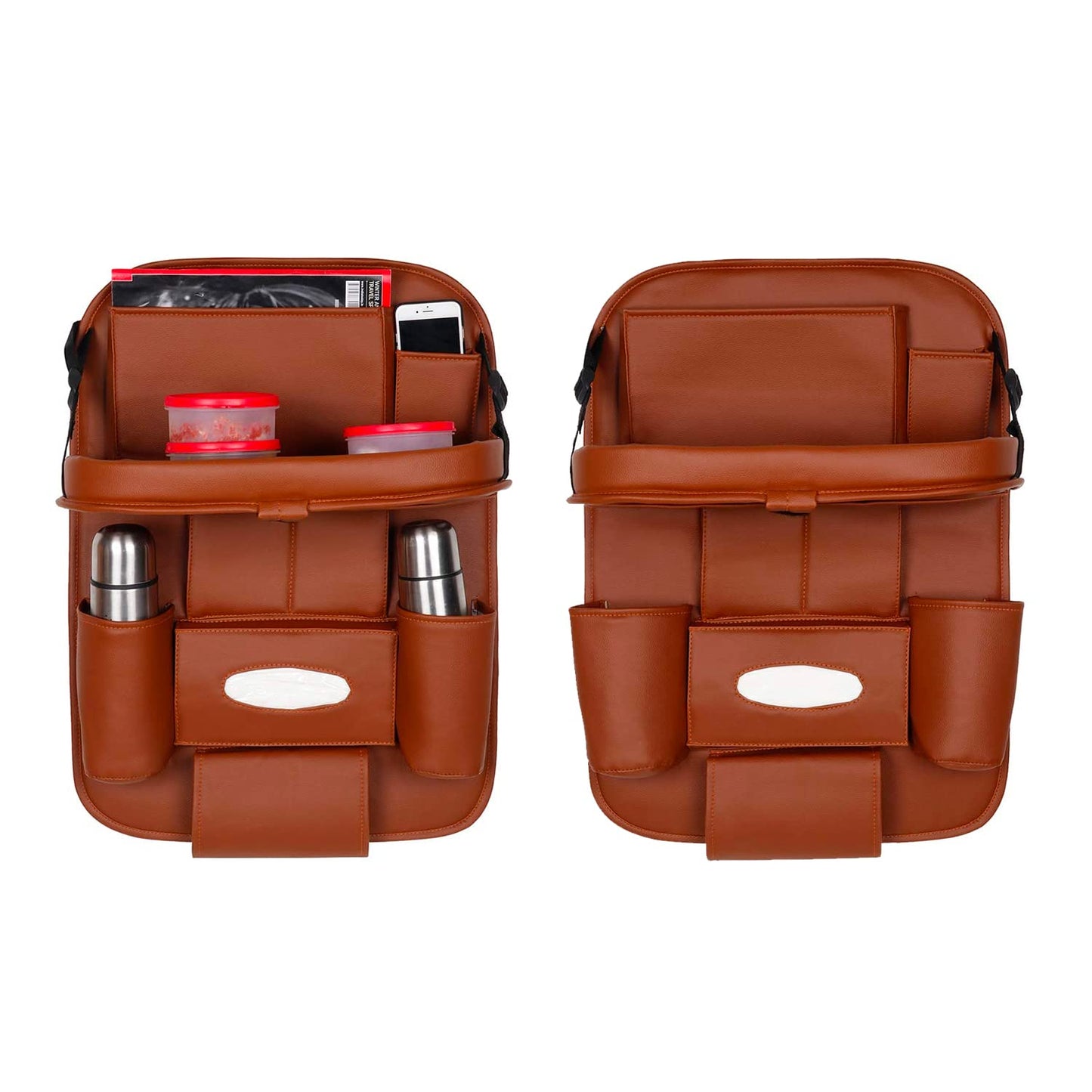 3D PREMIUM Car Seat Organizer | PU Leather with Folding Meal Tray and 10 Pockets - Tissues, Bottles, Phones, iPad Mini, Documents, Umbrella (Set of 2)