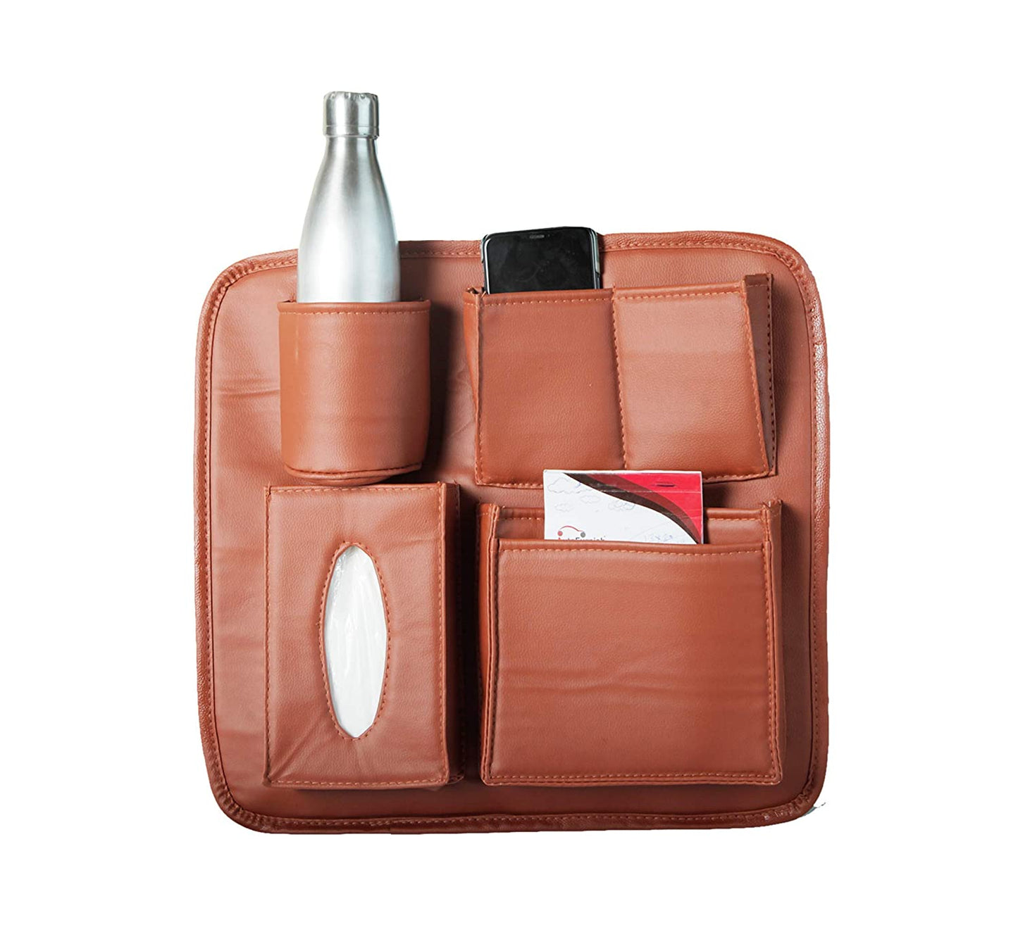 COMPACT Car Seat Organizer | PU Leather with 6 Pockets - Tissues, Bottles, Phone, iPad Mini, Documents