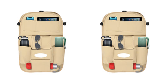 3D ESSENTIALS Car Seat Organizer | PU Leather with 8 Pockets - Tissues, Bottles, Phones, iPad Mini, Documents, Umbrella (Set of 2)