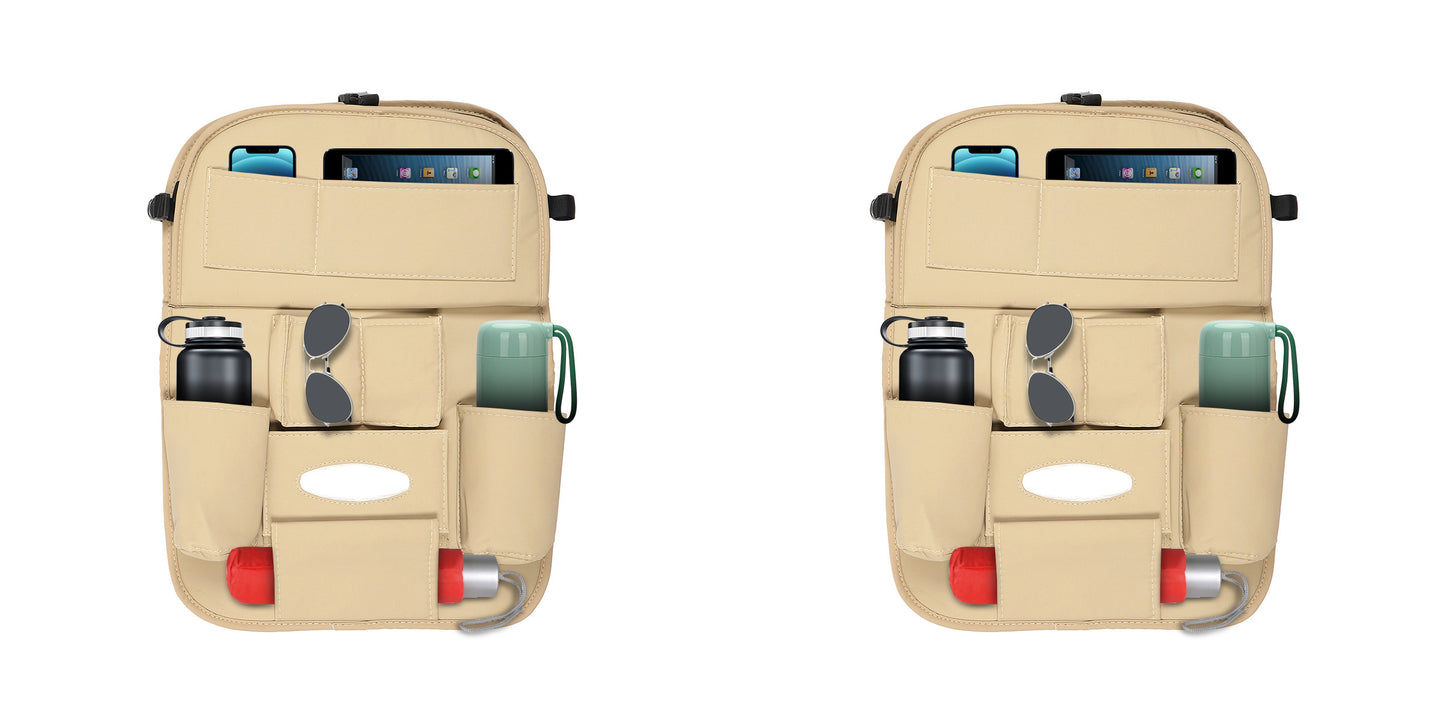 3D ESSENTIALS Car Seat Organizer | PU Leather with 8 Pockets - Tissues, Bottles, Phones, iPad Mini, Documents, Umbrella (Set of 2)