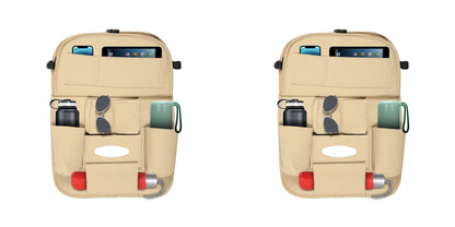 3D ESSENTIALS Car Seat Organizer | PU Leather with 8 Pockets - Tissues, Bottles, Phones, iPad Mini, Documents, Umbrella (Set of 2)