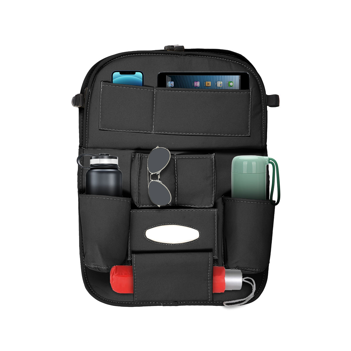 3D ESSENTIALS Car Seat Organizer | PU Leather with 8 Pockets - Tissues, Bottles, Phones, iPad Mini, Documents, Umbrella