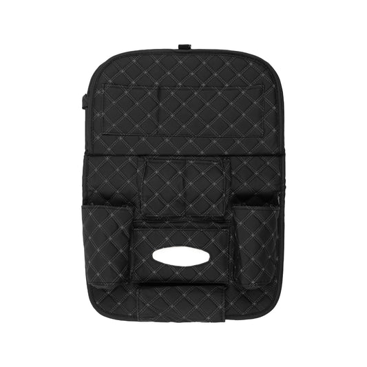 7D PREMIUM Car Seat Organizer | PU Leather with Folding Meal Tray and 10 Pockets - Tissues, Bottles, Phones, iPad Mini, Documents, Umbrella