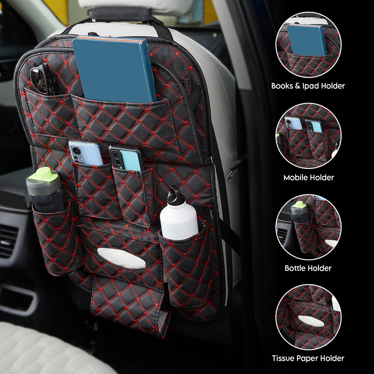 7D PREMIUM Car Seat Organizer  PU Leather with Folding Meal Tray and