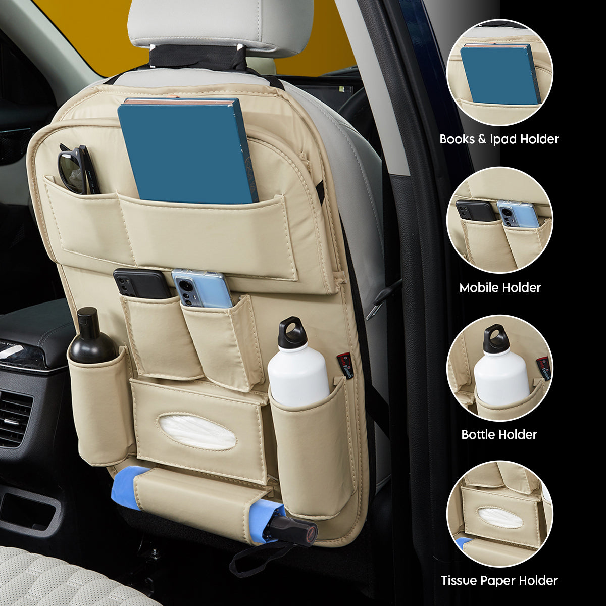 3D ESSENTIALS Car Seat Organizer | PU Leather with 8 Pockets - Tissues, Bottles, Phones, iPad Mini, Documents, Umbrella