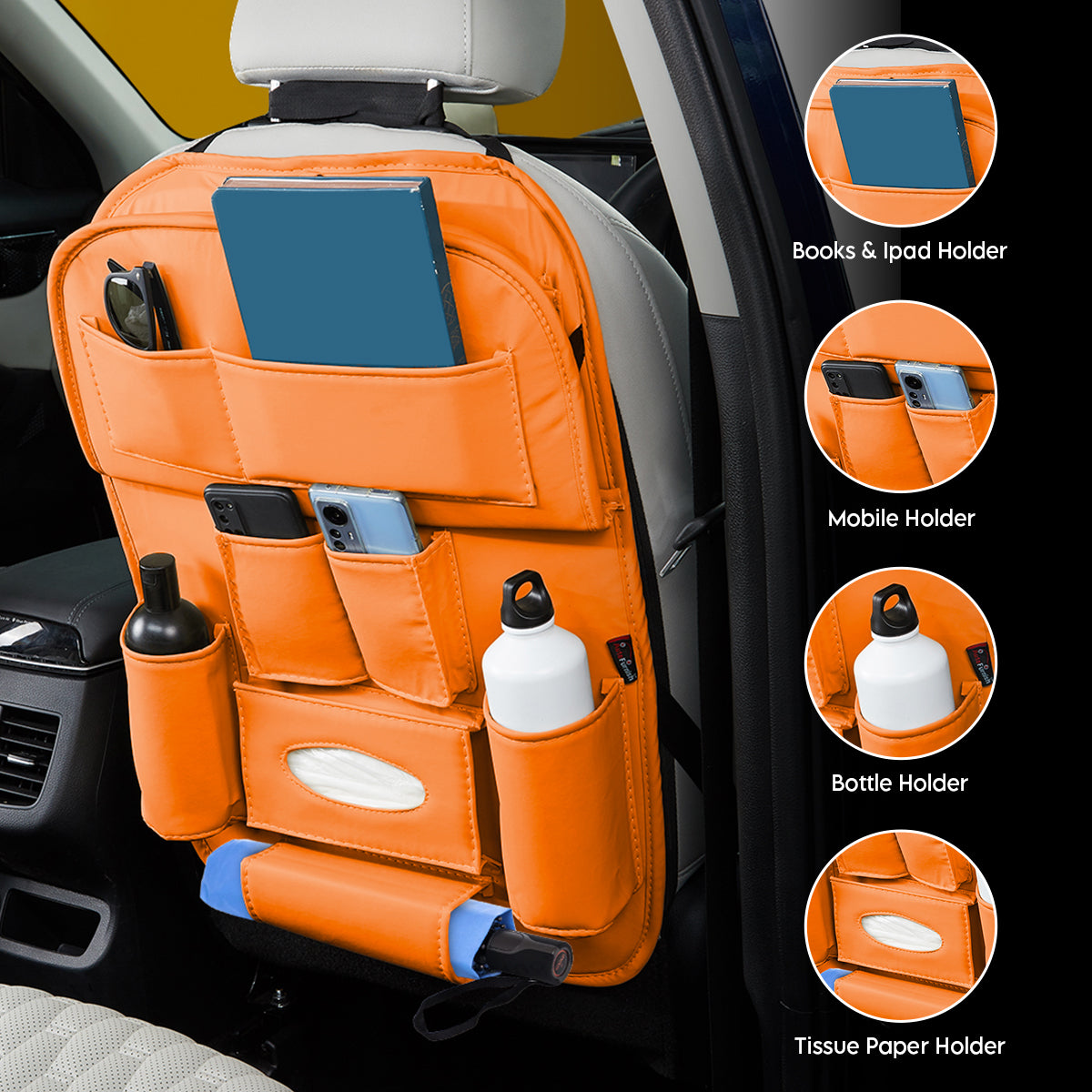 3D ESSENTIALS Car Seat Organizer | PU Leather with 8 Pockets - Tissues, Bottles, Phones, iPad Mini, Documents, Umbrella (Set of 2)