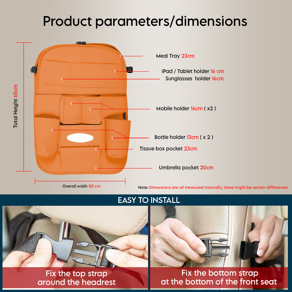 3D ESSENTIALS Car Seat Organizer | PU Leather with 8 Pockets - Tissues, Bottles, Phones, iPad Mini, Documents, Umbrella (Set of 2)