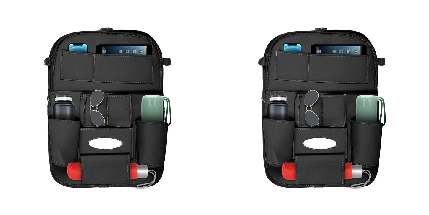 3D ESSENTIALS Car Seat Organizer | PU Leather with 8 Pockets - Tissues, Bottles, Phones, iPad Mini, Documents, Umbrella (Set of 2)
